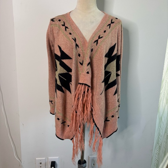 Peace Dove Pink Aztec Print Metallic Fringe Knit Cardigan Sweater Small Boho - Picture 3 of 10